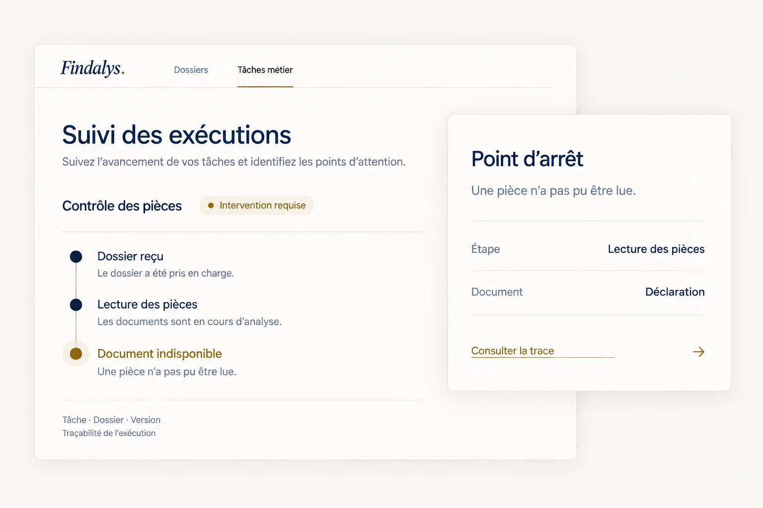 Suivi d’un contrôle des pièces : dossier reçu, lecture des pièces, puis document indisponible. Le point d’arrêt indique qu’une déclaration n’a pas pu être lue et donne accès à la trace.