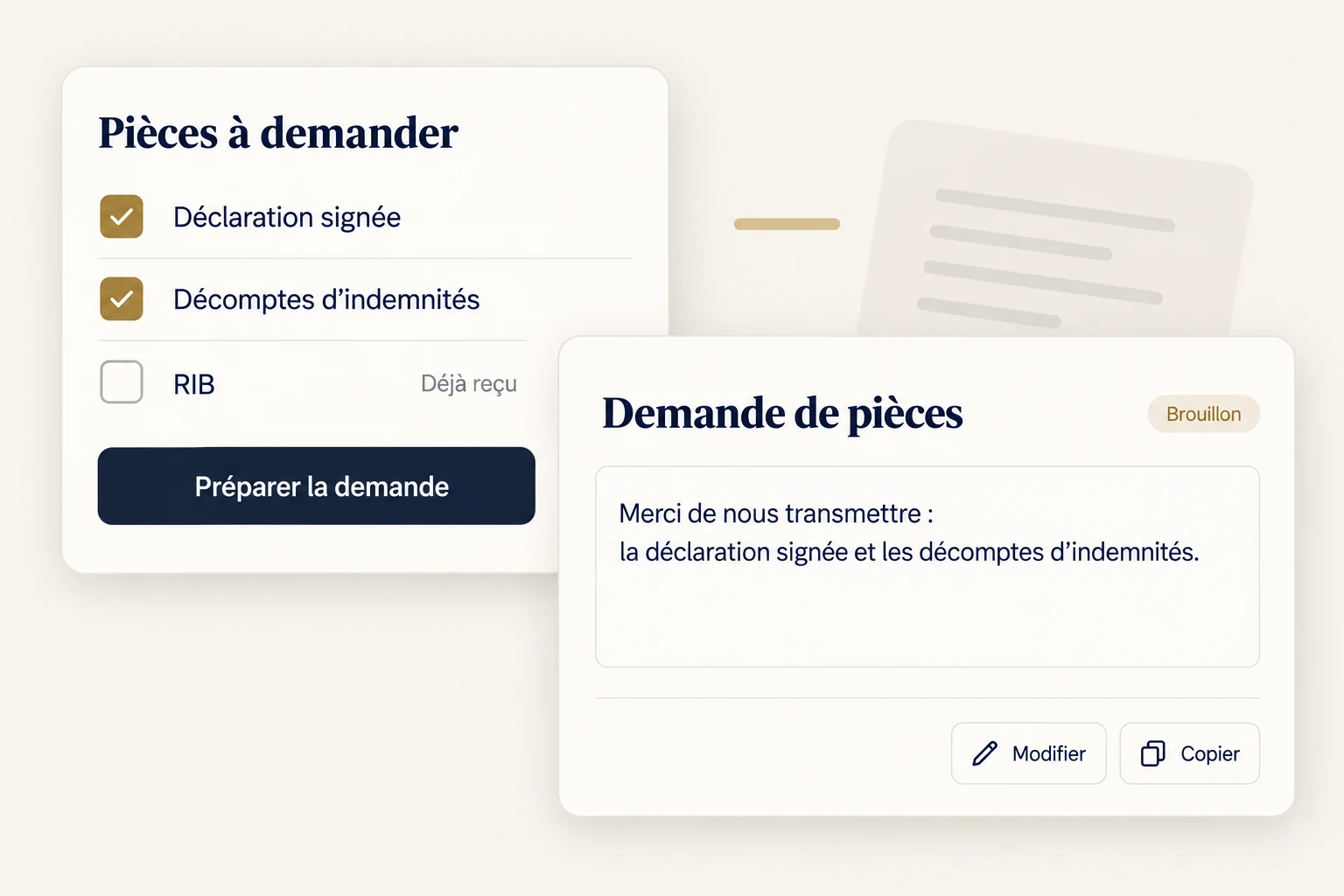 Le gestionnaire sélectionne la déclaration signée et les décomptes d’indemnités, laisse le RIB déjà reçu décoché, puis obtient une demande de pièces en brouillon, modifiable et copiable.
